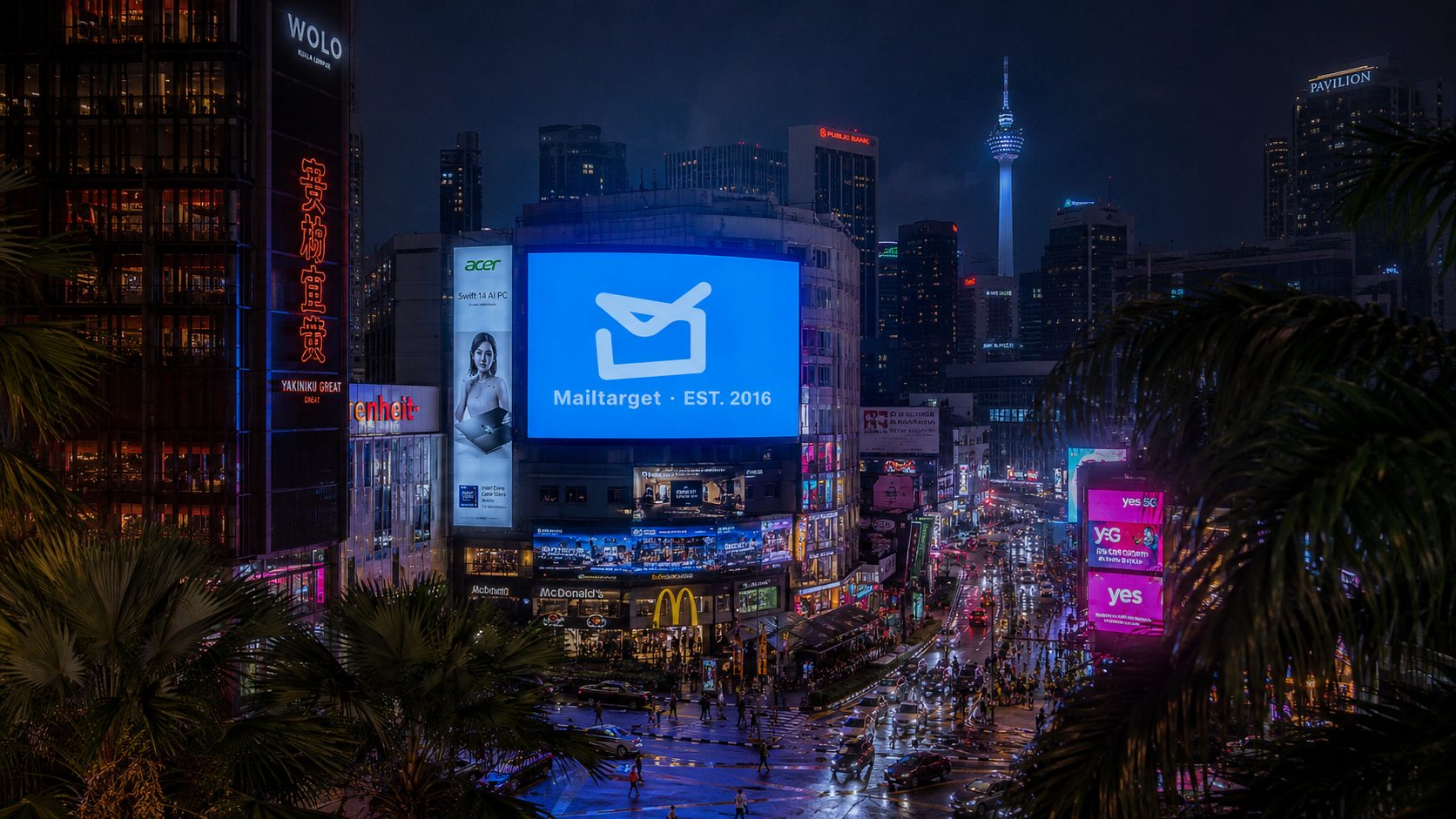 Bukit Bintang KL nightlife with Mailtarget billboard and KL Tower
