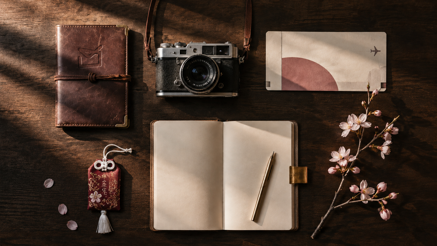 Editorial flatlay: leather journal, camera, boarding pass, cherry blossoms