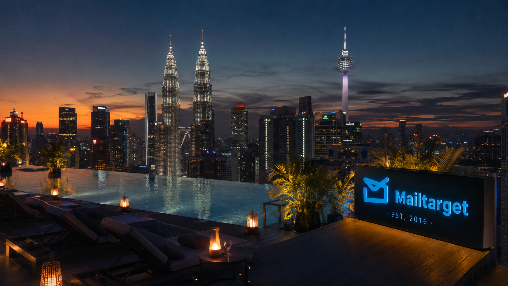 Kuala Lumpur skyline rooftop pool with Petronas and KL Tower